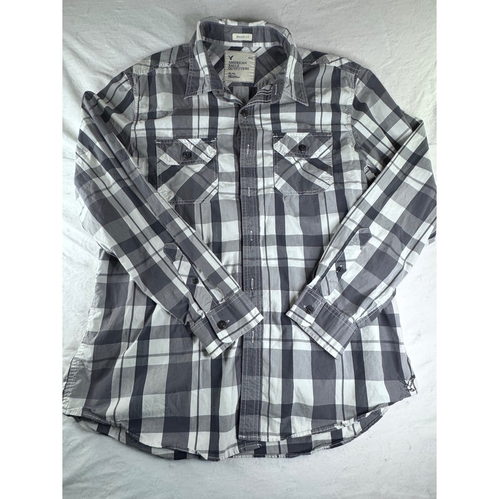 American Eagle Mens XL Athletic Fit Plaid Button Down Shirt Grey White 0442
